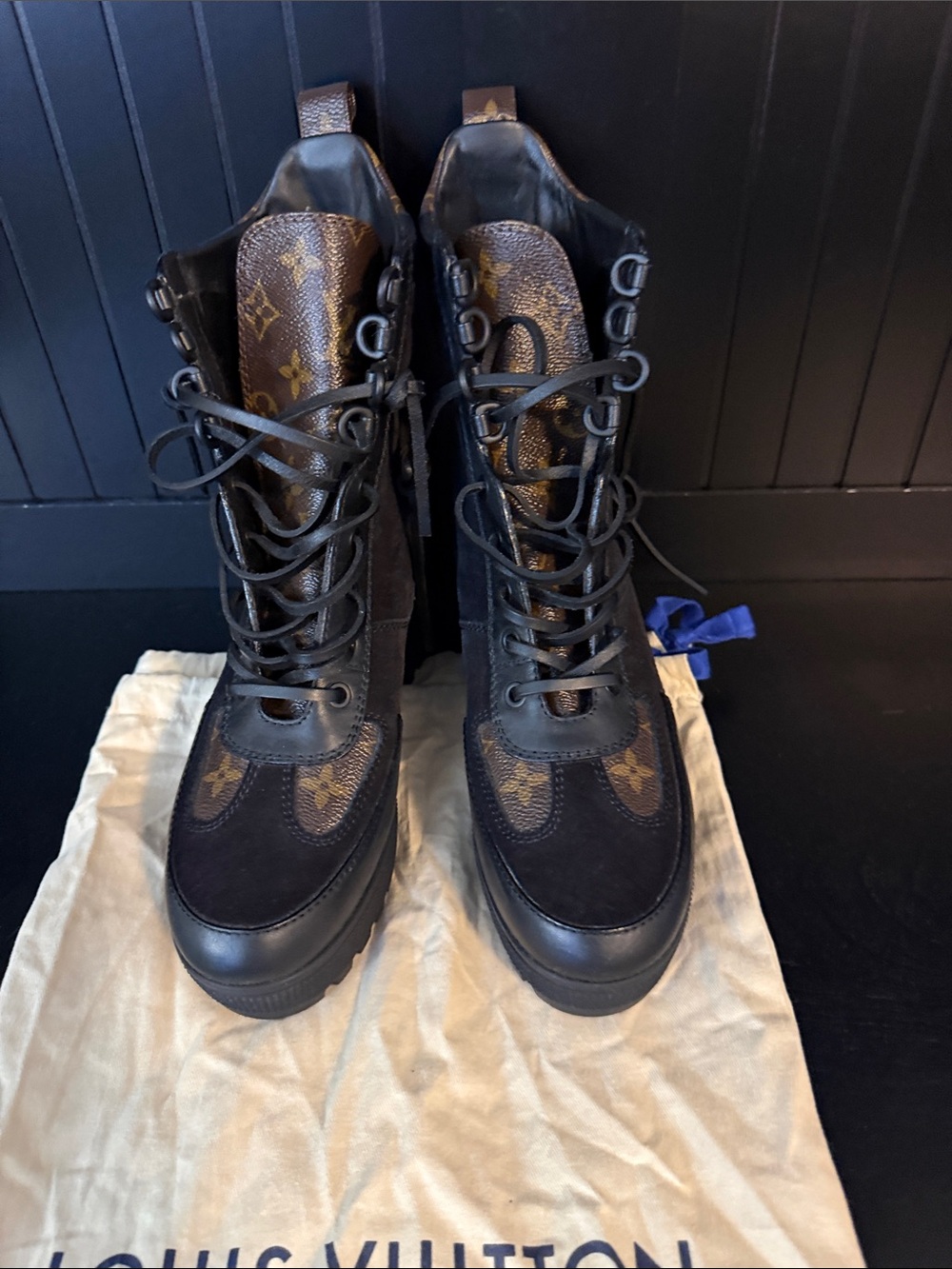 Louis Vuitton Black & Brown Monogram High-Top Combat Boots